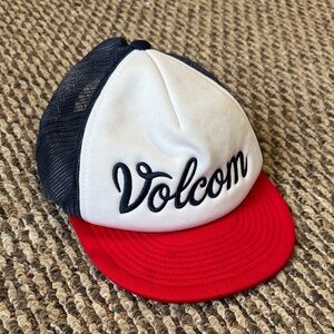 Volcom White, Navy & Red Mesh Trucker Cap Mack cheese